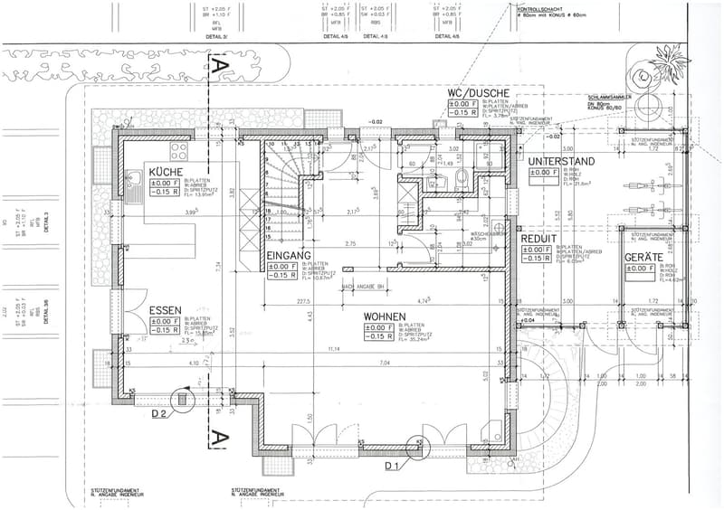 Floor plan of a residential building showing multiple rooms including kitchen, entrance, dining area, living room, bathroom, basement, utility room, and storage area. Dimensions and floor levels are indicated.
