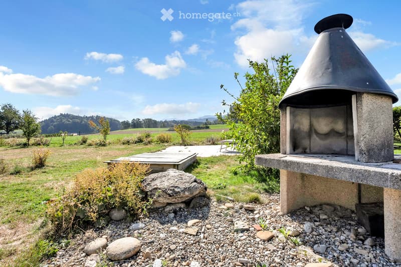 Outdoor area with a stone barbecue, wooden deck, scattered rocks, and lush greenery in a rural setting.