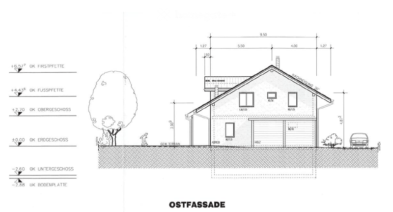 Elevation view of a house showing the ground floor, first floor, and roof structure. Includes measurements, a tree, and a parking area.