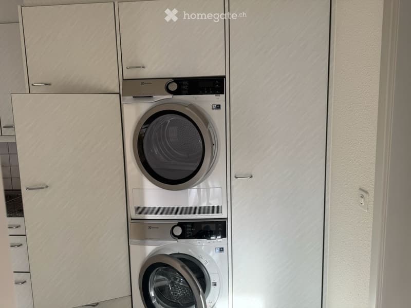 Modern bathroom with a stacked washing machine and dryer unit, light wood cabinets, and sleek metallic finishes.