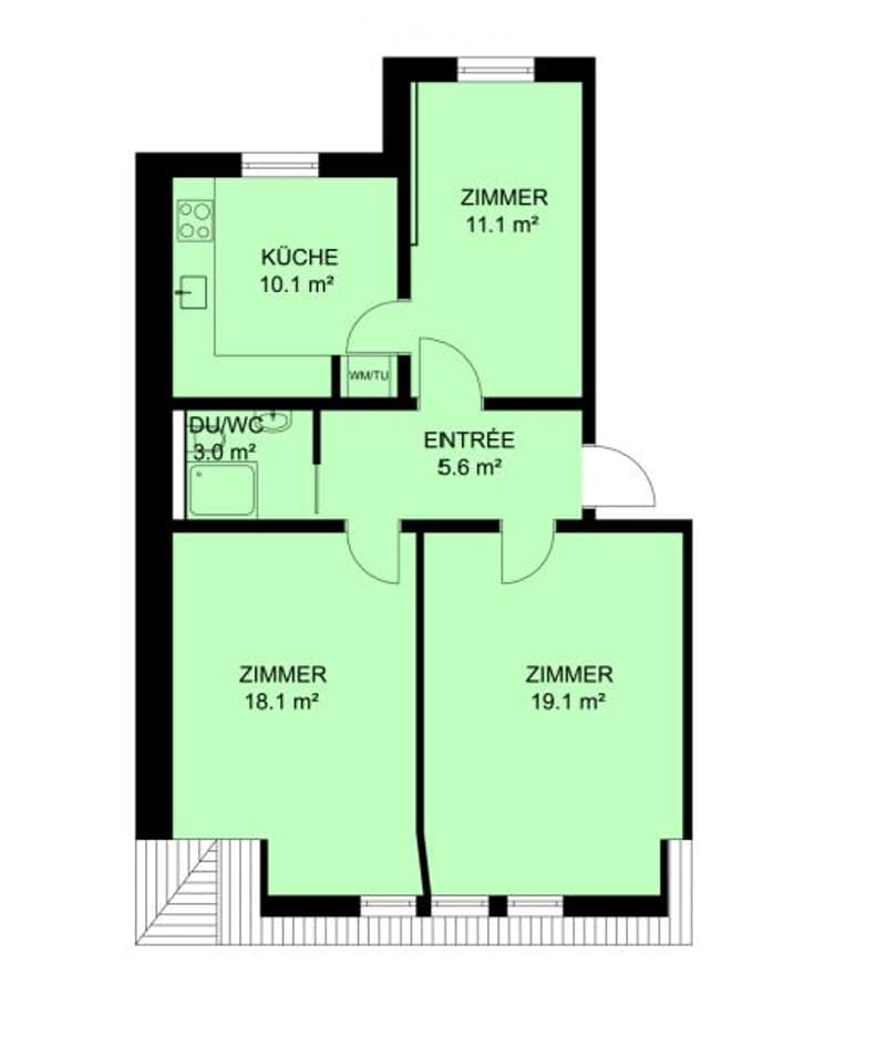 Floor plan of a 4-room apartment with kitchen, entrance, and bathroom.