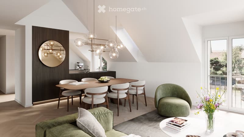 Modern, open-concept living and dining area with a slanted ceiling, large windows, and a view of the garden. Features a green sofa, coffee table, dining table with chairs, and a round mirror on the wall.