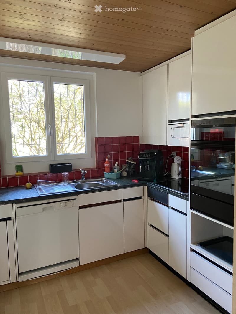 Modern kitchen with white cabinets, wooden floor, stainless steel appliances, and a red-tiled backsplash.