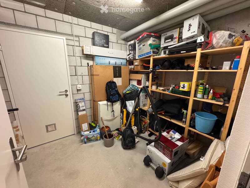 A storage room with shelves, boxes, bags, vacuum cleaner, and miscellaneous items.