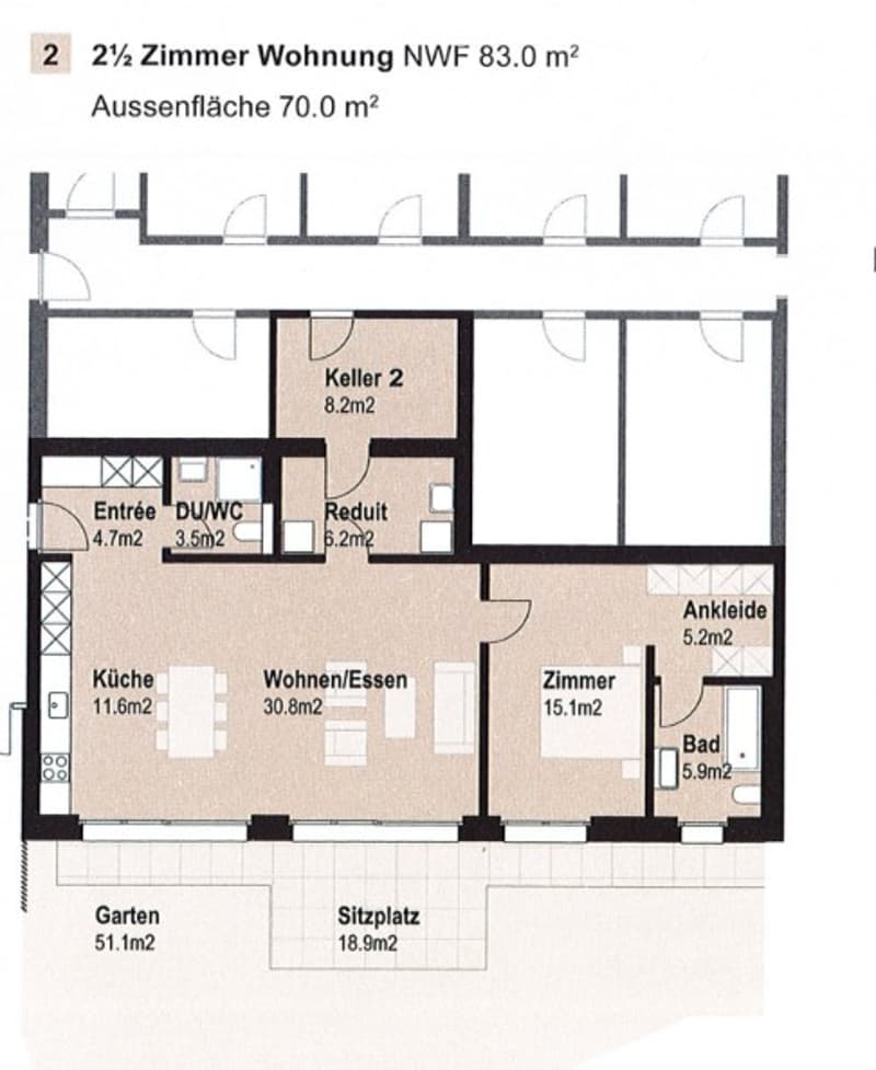 Floor plan of a 2.5-room apartment with 83.0 m² living space and 70.0 m² outdoor area. Includes entrance, kitchen, living/dining area, bedroom, bathroom, utility room, cellar, garden, and seating area.