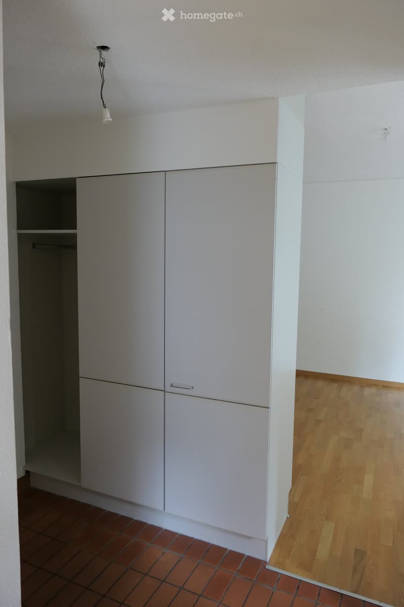 Empty room with white built-in cabinets, wooden flooring, and a small section of red tiled flooring.