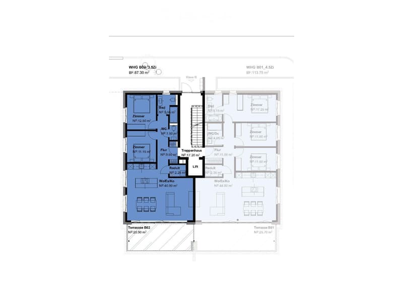 Floor plan of two apartments (B01 and B02) with labeled rooms including bedrooms, bathrooms, living/dining areas, and terraces.
