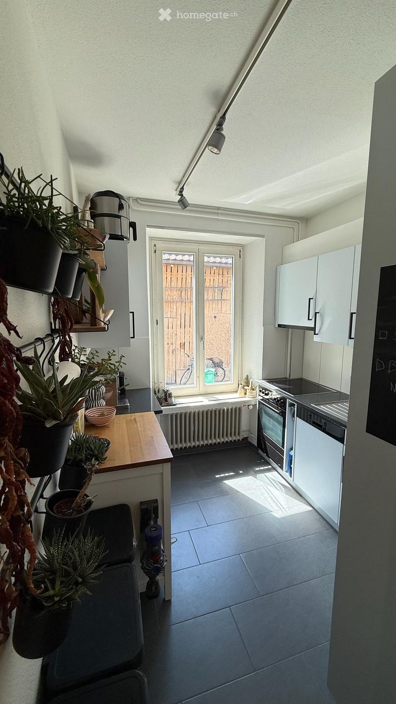 Modern kitchen with white cabinets, dark tiled floor, wooden table, potted plants, and a window leading to a patio.