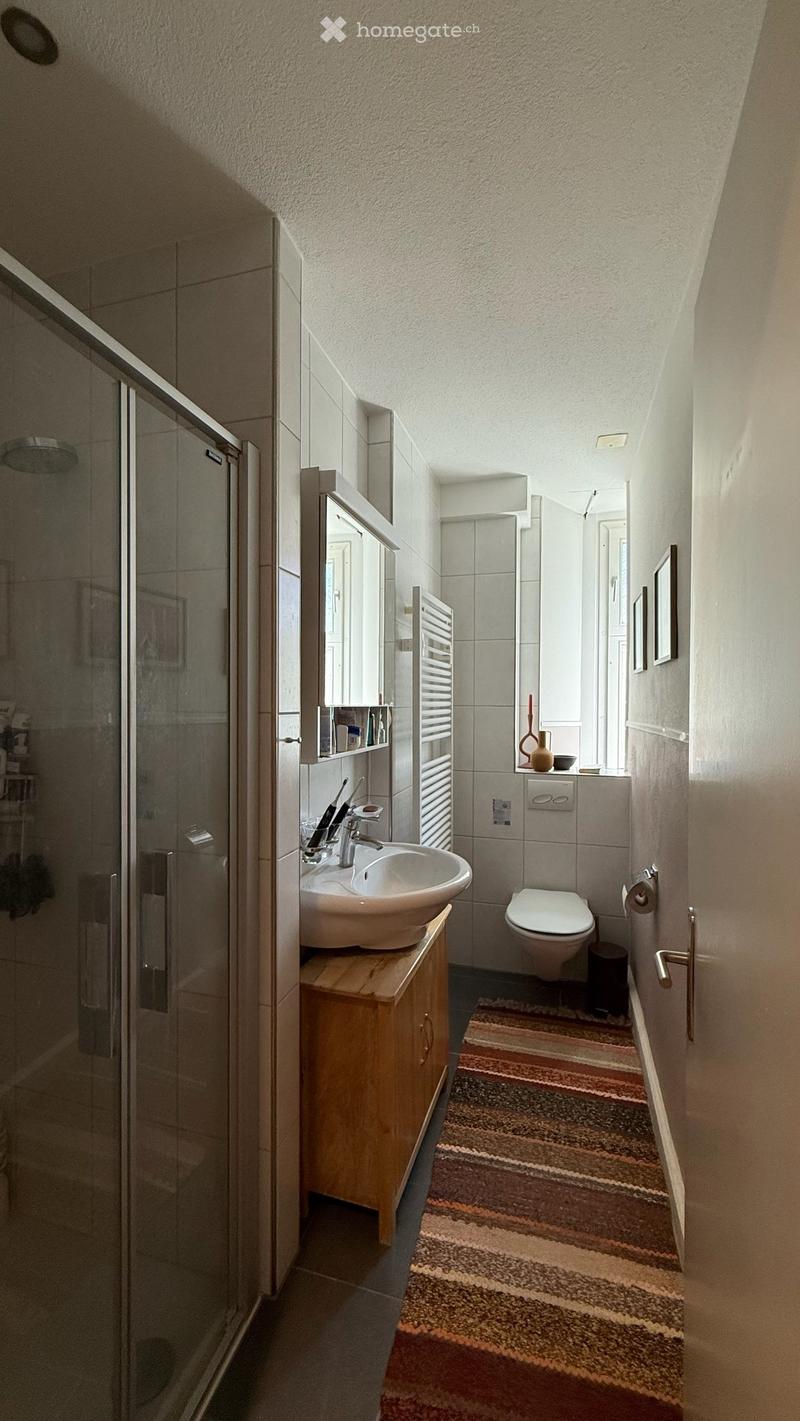 Modern bathroom with a sink, toilet, shower, and a small wooden cabinet. Features a striped rug, a mirror, and decorative items on the counter.
