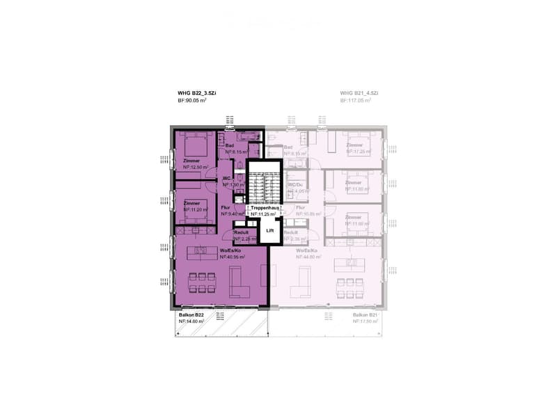 Floor plan showing two apartments: WHG B22 (3.5 rooms, 90.05 m²) and WHG B21 (4.5 rooms, 117.05 m²). Layout includes bedrooms, bathrooms, living/dining areas, balconies, and stairwell.
