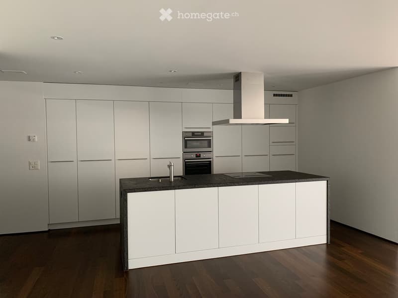 Modern kitchen with white cabinets, dark countertop, stainless steel appliances, and wooden flooring.
