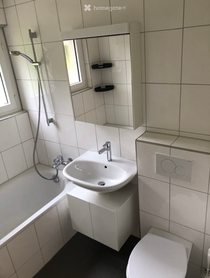 Modern bathroom with white tiles, a sink with a modern faucet, a bathtub, a toilet, and a mirror with built-in shelves.