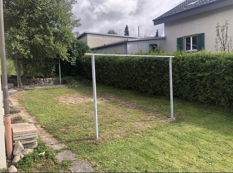 A grassy backyard with a clothesline, a stone wall, and a small shed in the background.