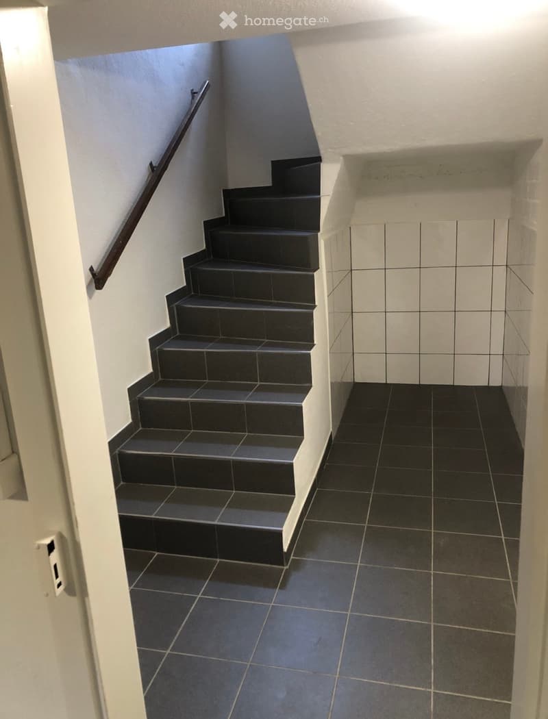 A narrow hallway with dark tiled flooring and a staircase leading upwards, featuring a metal handrail and white walls.