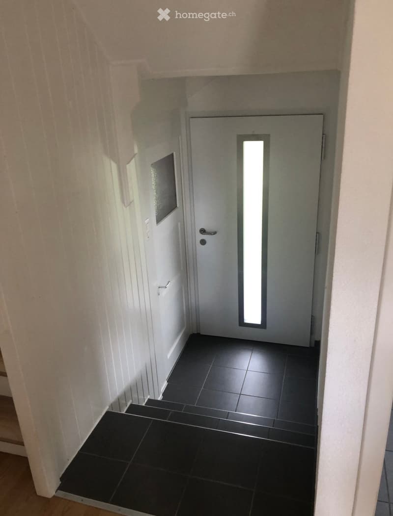A narrow hallway with black tiled floor, white walls, and a white door with a frosted glass panel at the end.