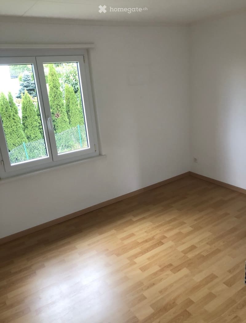 Empty room with light wooden flooring and white walls, featuring a large window with a view of greenery outside.