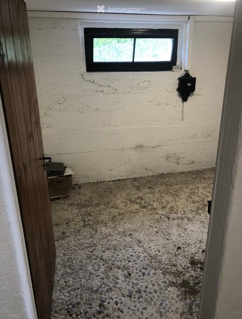 Empty room with a rough, unfinished concrete floor and a small window with a black frame. The walls are plain and white, and there is a small wooden door visible on the left side.