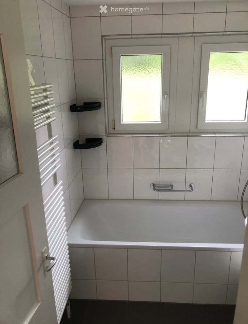 Bathroom with a bathtub, radiator, handrail, and shelves. The walls and floor are tiled, and there are two windows providing natural light.