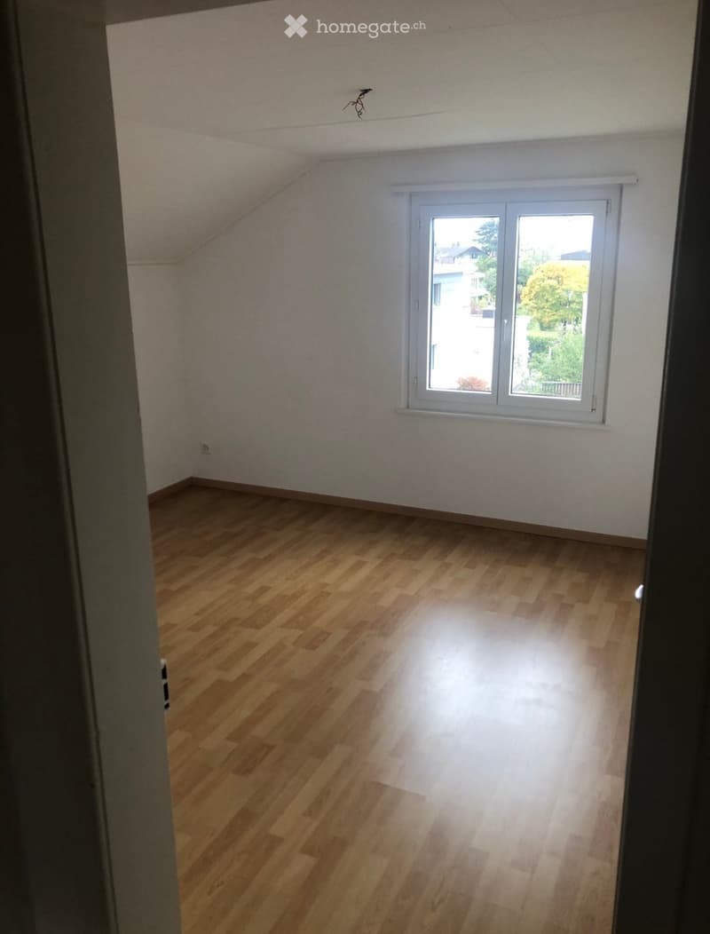Empty room with wooden flooring, white walls, and a large window with white frame. The room has a slanted ceiling typical of an attic space.