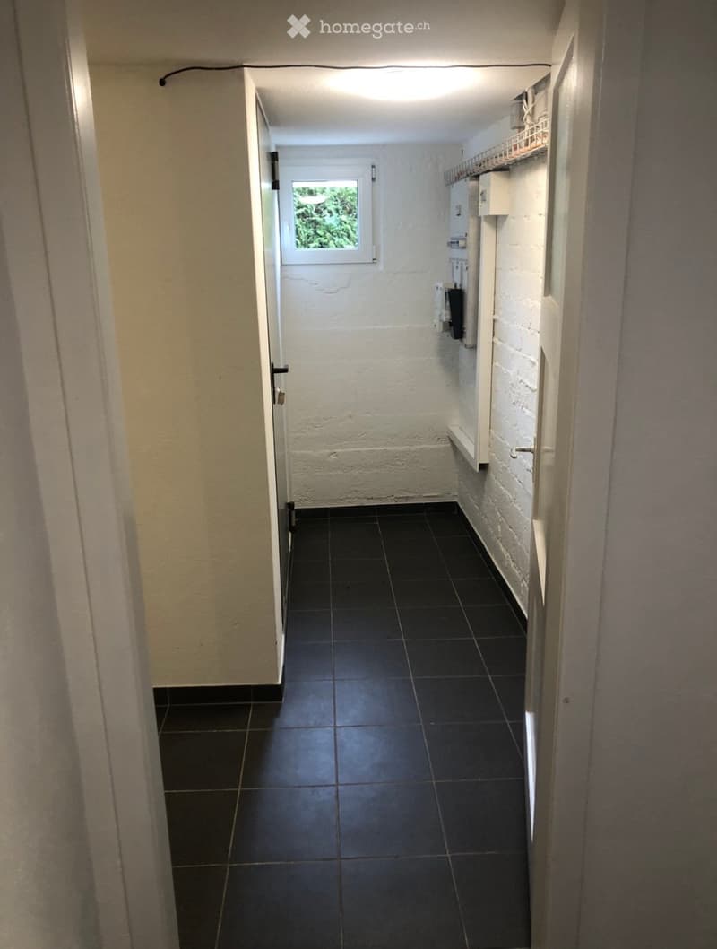 A narrow hallway with black tiled flooring, white walls, and a small window at the end showing greenery outside. The hallway has a door on the left and a shelf unit on the right.