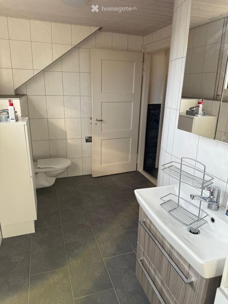 Modern bathroom with dark tiled floor, white sink with chrome faucet, toilet, mirrored cabinet, and a door leading to another room.