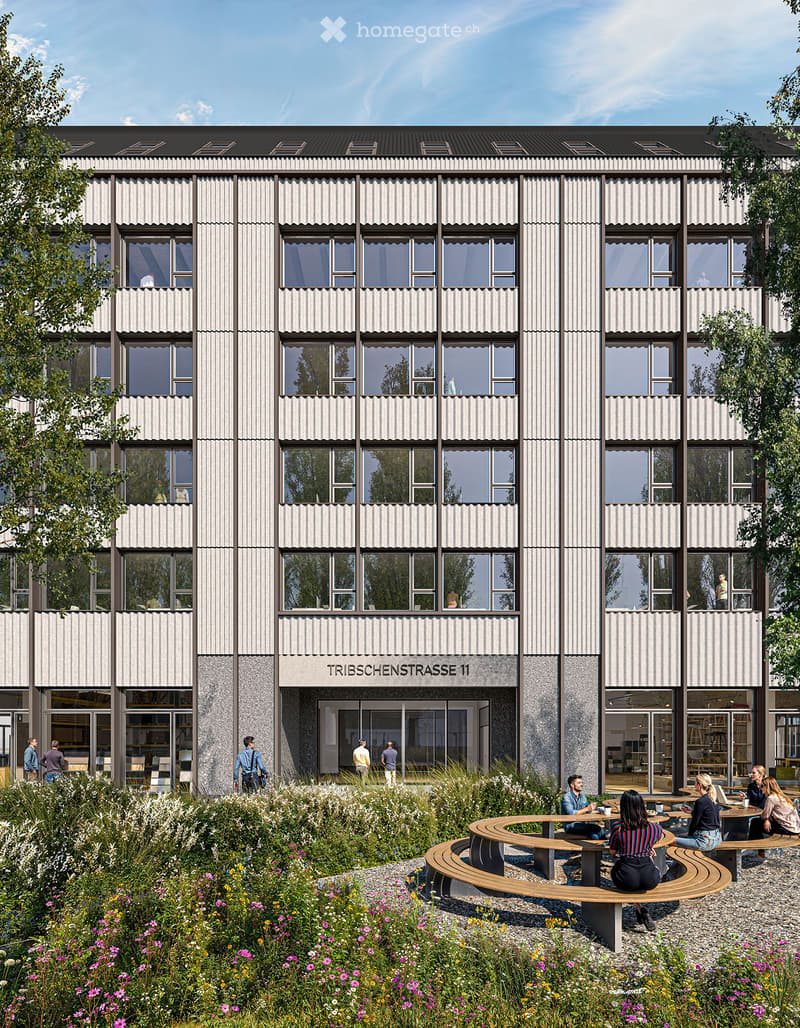 modern multi-story building, grey exterior, numerous windows, entrance with sign, circular benches in front, flower beds