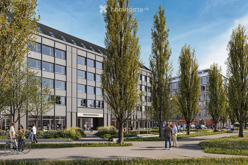 Modern building with many windows, concrete paving, front garden, trees, people walking, cars parked in the background