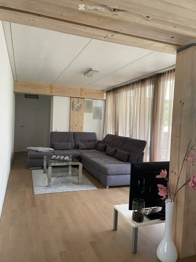 L-shaped sofa, coffee table, TV stand, rug, decorative flowers
