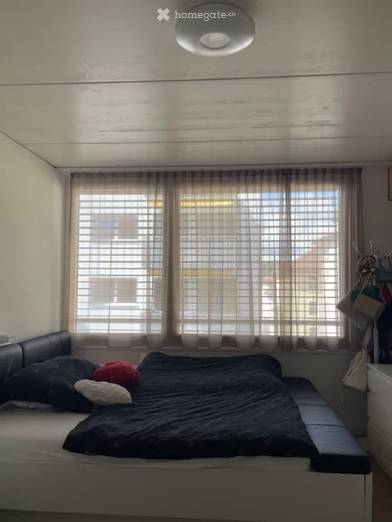 A modern bedroom with a large window covered by sheer curtains, a bed with dark bedding and colorful pillows, and a wardrobe on the right side.