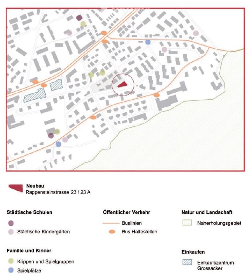 Map of urban area with highlighted areas for new buildings, schools, buses, nature areas, businesses, shopping centers, playgrounds, and other facilities.