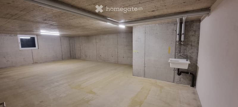 Empty basement room with concrete walls and floor, a small window, and a sink with pipes.