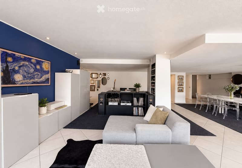 Modern living room with a grey sectional sofa, coffee table, bookshelf, dining area with a table and chairs, and decorative elements including a painting and plants.