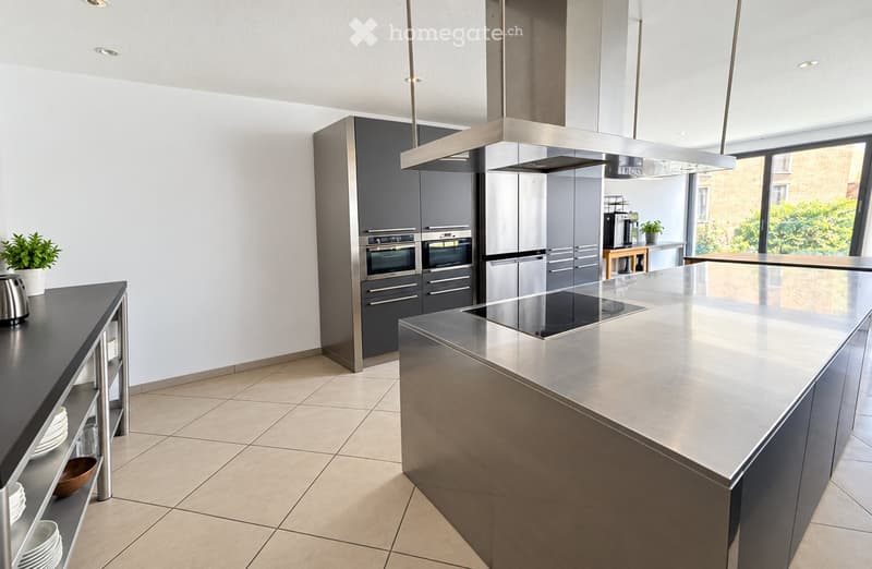Modern kitchen with stainless steel appliances, grey cabinets, and a central island with an induction cooktop. Features include built-in ovens, a refrigerator, and a dishwasher, along with a potted plant on the counter.