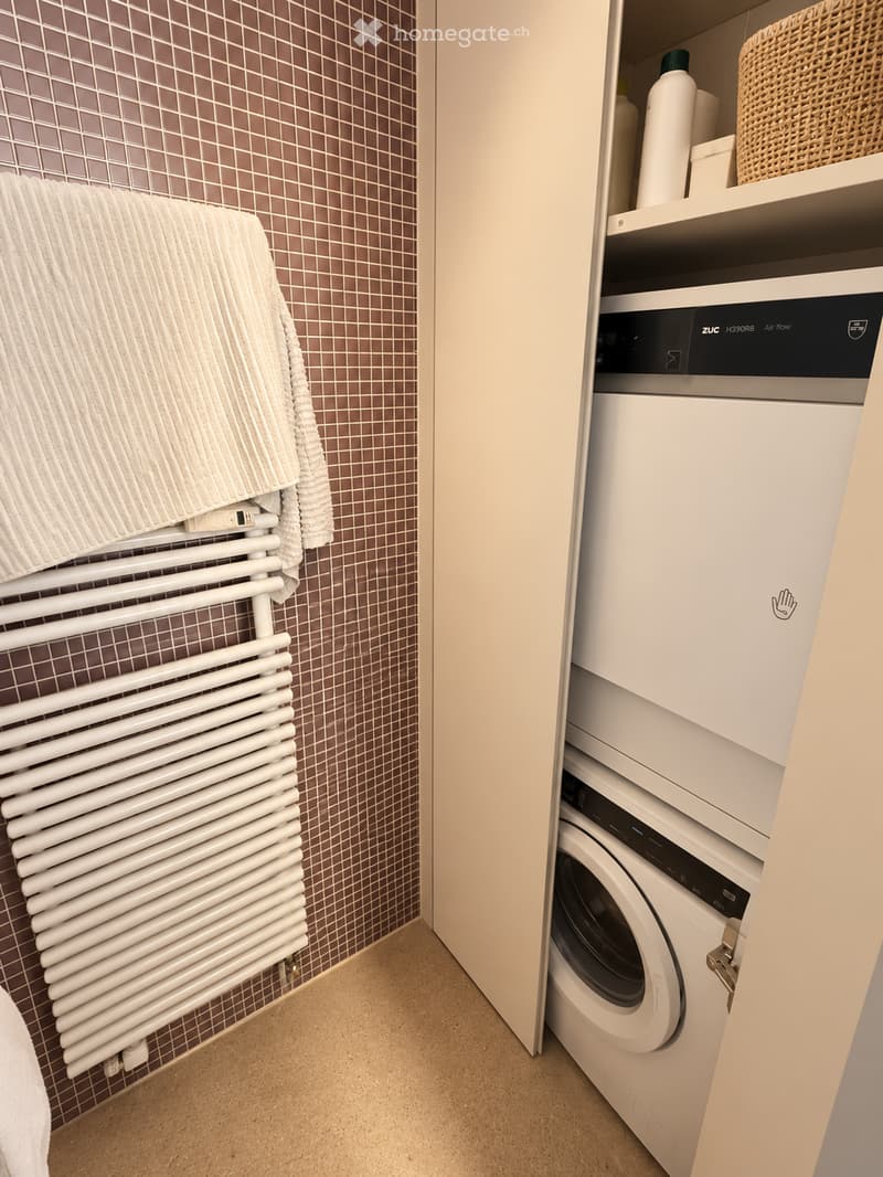 Modern bathroom with a built-in washing machine and dishwasher unit, a radiator, and a towel on the wall.