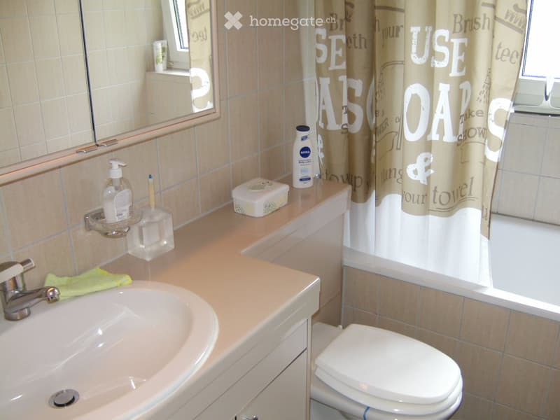 Bathroom with a sink, toilet, shower curtain, and various toiletries including a soap dispenser, toothbrush holder, and a bottle of Nivea body lotion.