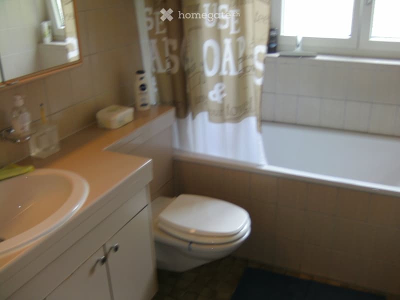 Bathroom with a sink, toilet, bathtub, and shower curtain. Includes a mirror, soap dispenser, soap bar, and a bottle on the counter.