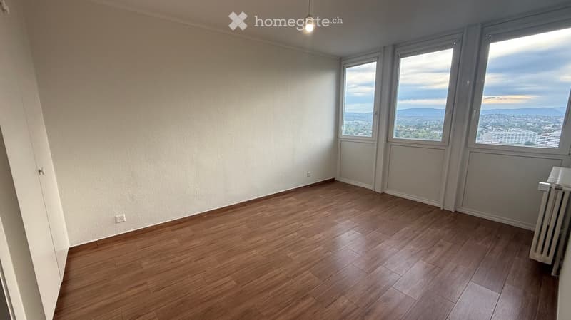Empty room with wooden flooring, white walls, large windows offering a scenic view, and a radiator on the right side.