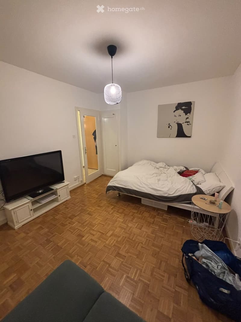 A modern bedroom with a wooden floor, a bed with white bedding, a nightstand, a small round table, a chair, a television on a stand, a hanging lamp, and a painting on the wall.