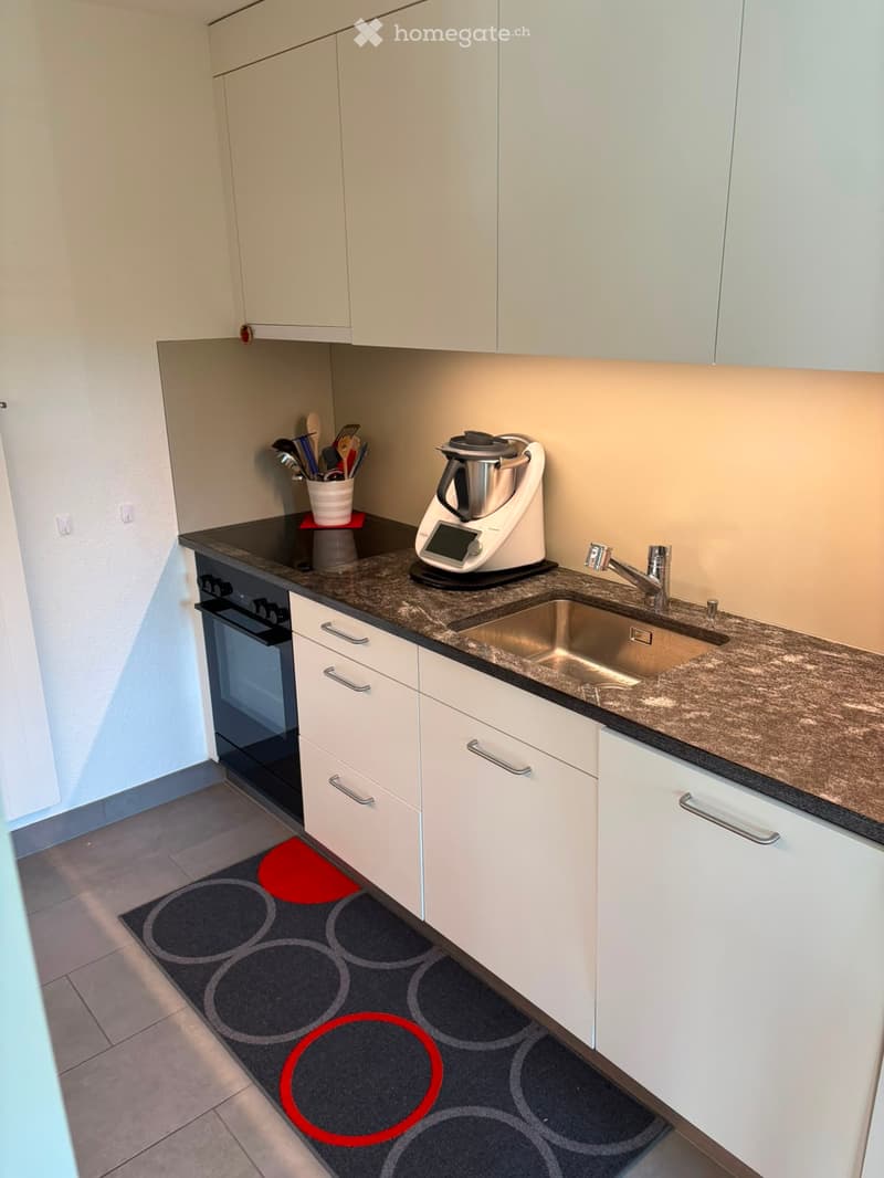 Modern kitchen with white cabinets, granite countertop, stainless steel sink, blender, and utensils on the counter.