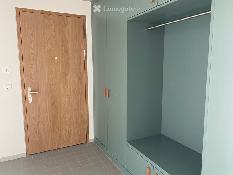 empty room with wooden door and built-in wardrobe