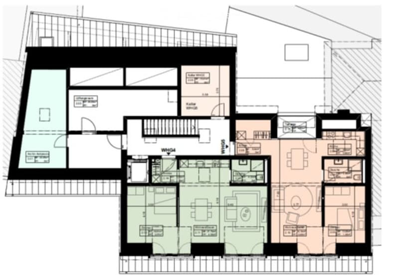 Floor plan of a multi-story residential building with multiple rooms including living areas, bedrooms, bathrooms, and a kitchen.