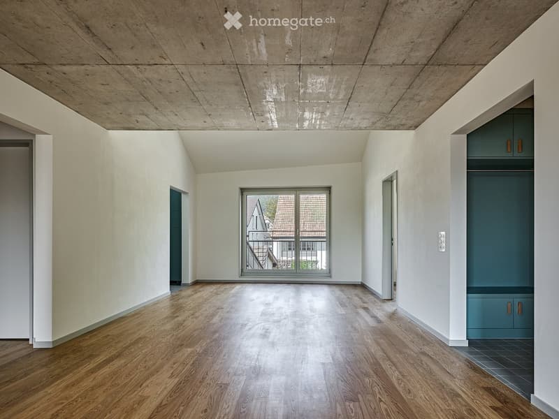 Empty room, hardwood floor, sliding glass doors, balcony, white walls, green built-in wardrobe