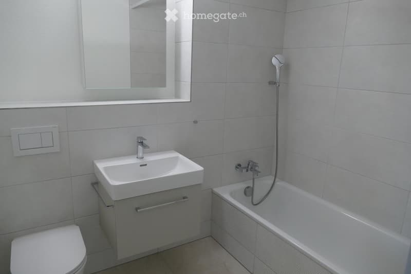 Modern bathroom with white tiles, a sink with a modern faucet, a bathtub with a handheld shower, a toilet, and a large mirror above the sink.