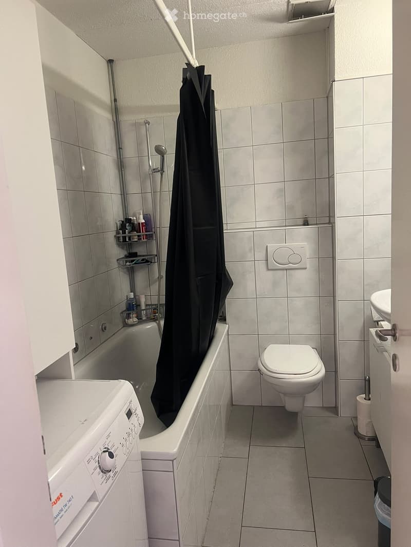 Modern bathroom with a toilet, bathtub, sink, and washing machine. Features a shower area with a curtain, a tiled wall, and a small shelf holding toiletries.