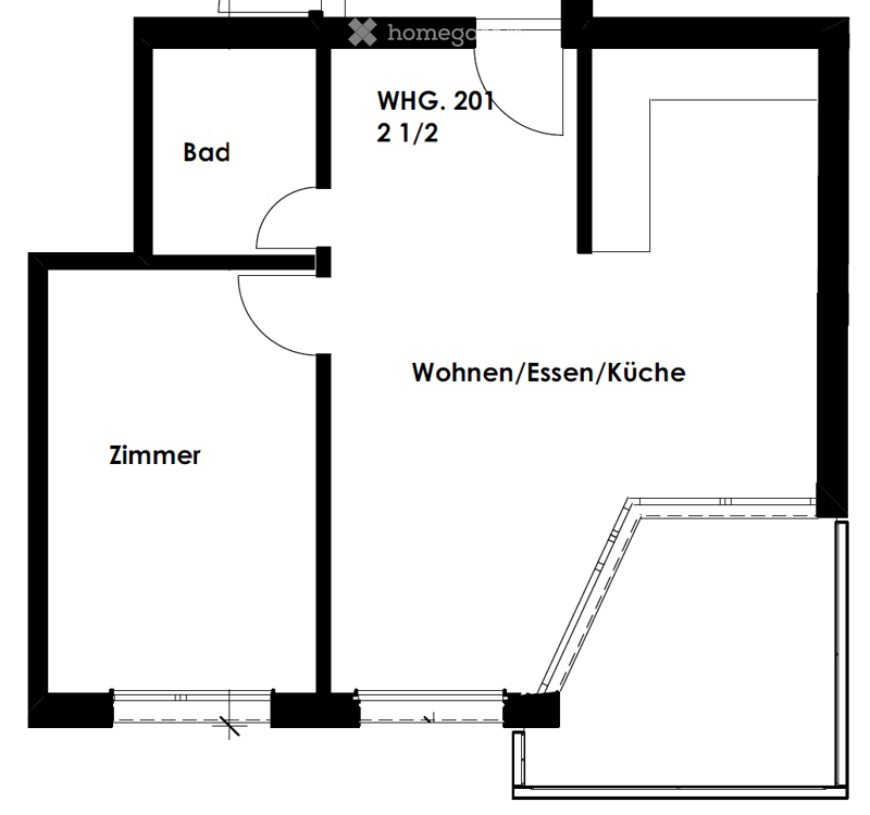 Floor plan of a 2.5-room apartment with a living/dining/kitchen area, a bedroom, and a bathroom.