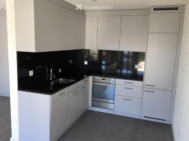 Modern kitchen with white cabinets, black countertops, stainless steel oven, and sink.
