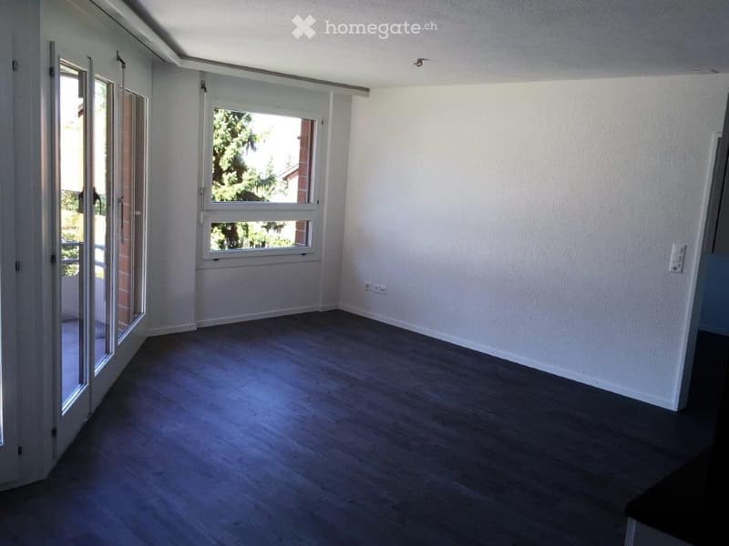 Empty room with wooden flooring, white walls, large window, and sliding glass door leading to an outdoor area.