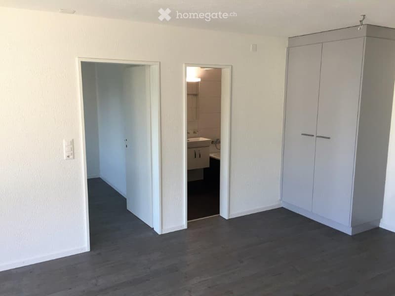 Empty room with light-colored walls, dark wooden flooring, and a built-in wardrobe. A doorway leads to a small bathroom with a sink and bathtub.