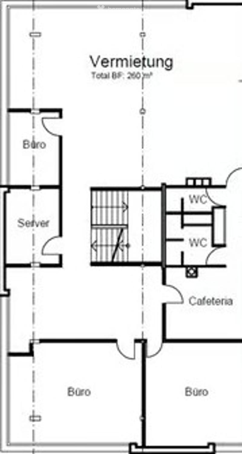 Floor plan of a building with multiple rooms including offices, a cafeteria, and bathrooms.