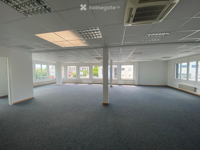 Empty room with grey carpet, white walls, large windows, and a central column. No furniture or equipment present.